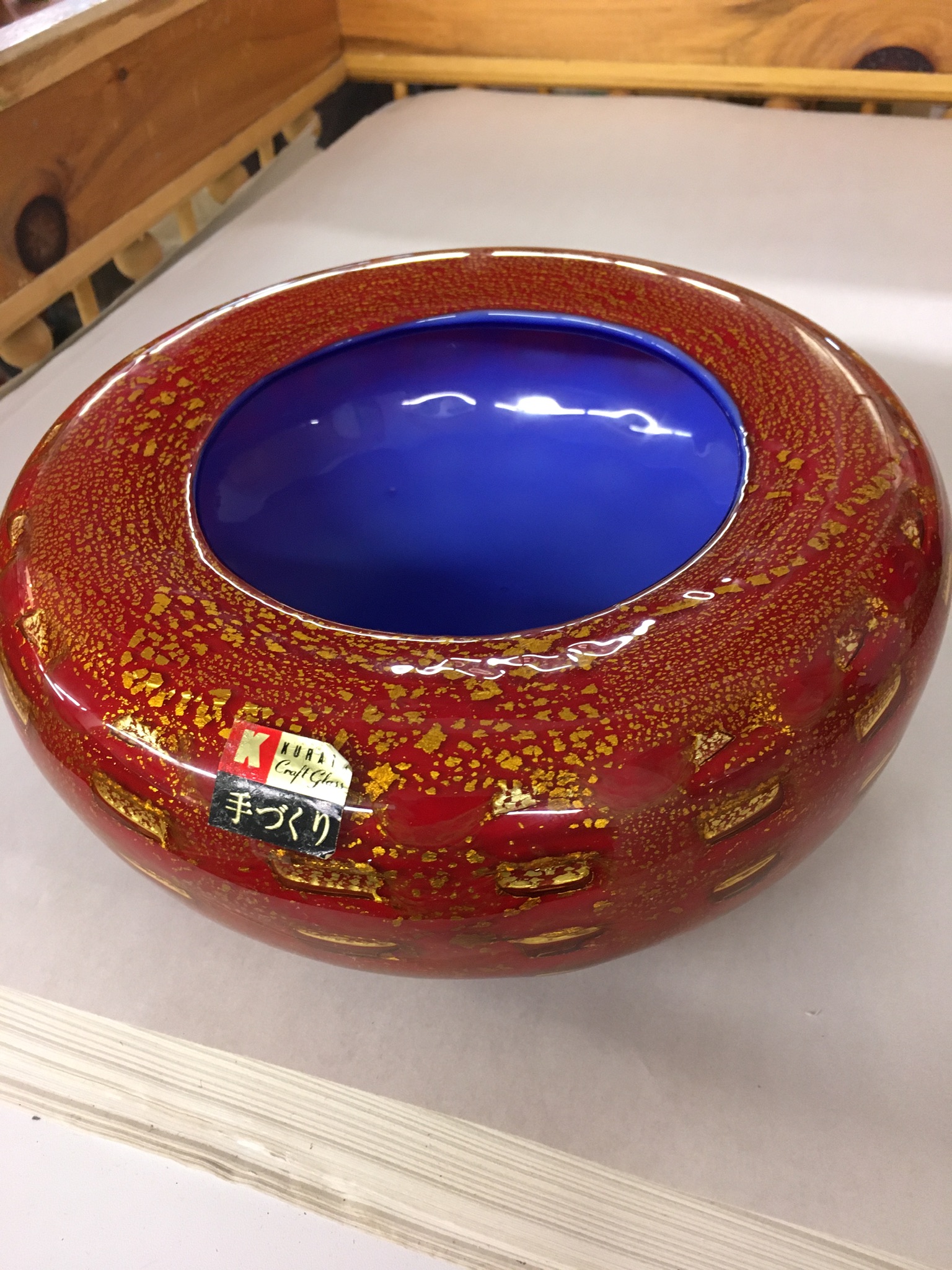 Red and gold art glass dish