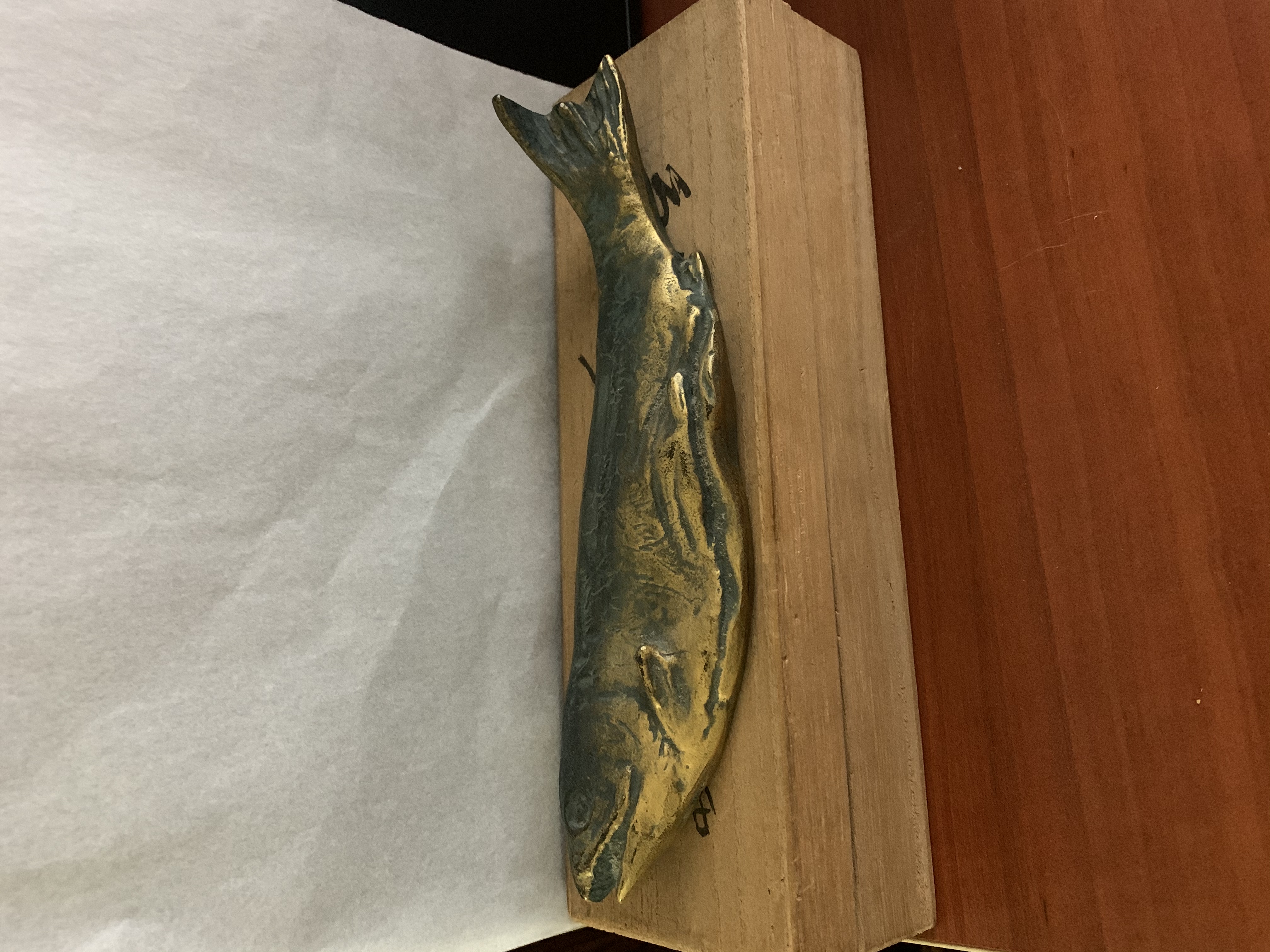 spawming salmon bronze paperweight 